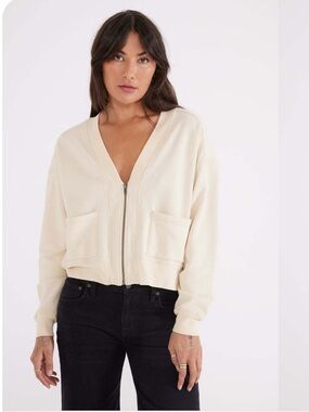 Etica Cream Zip Front V-Neck Sweatshirt Large 100% cotton